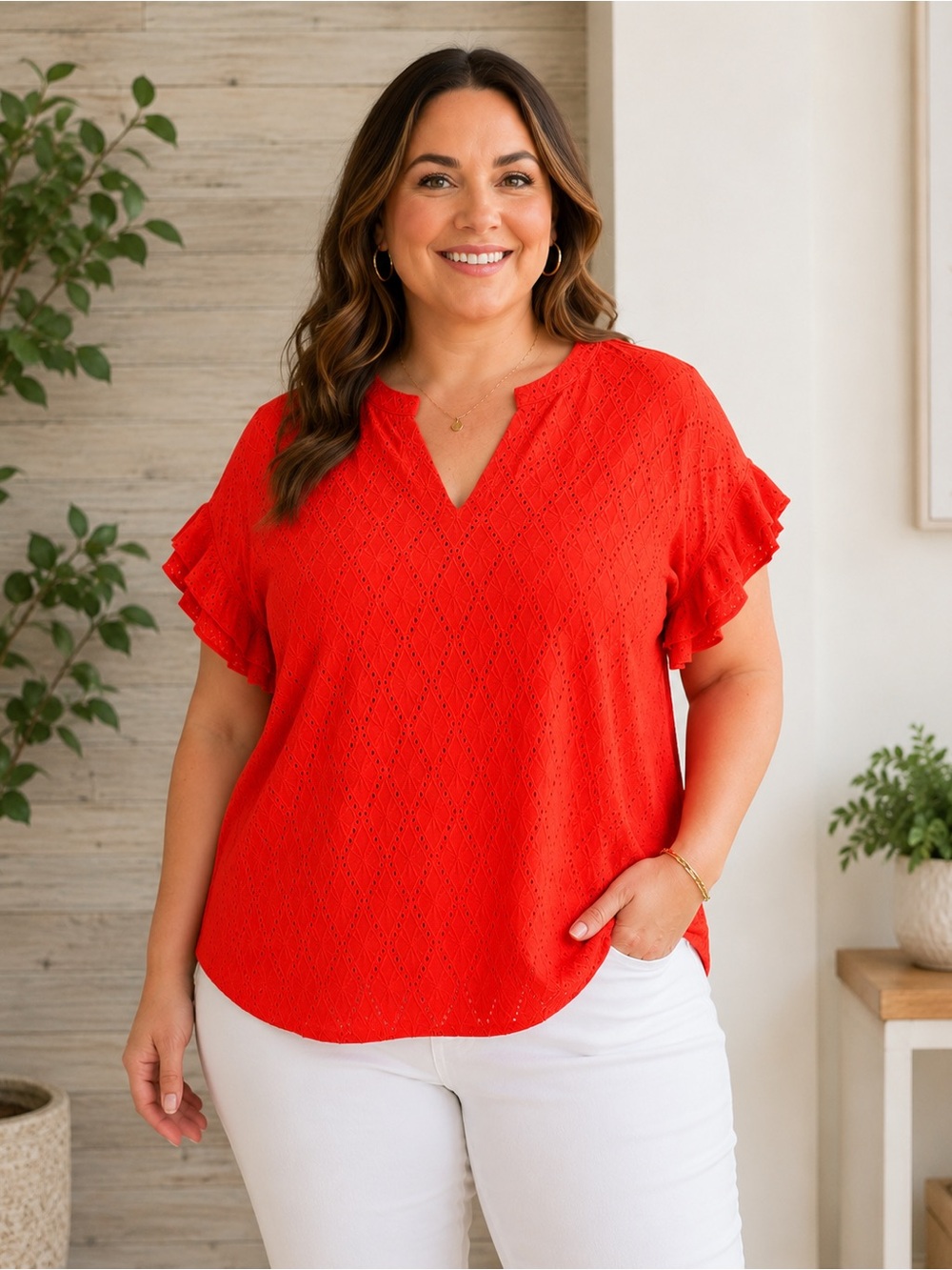 Ruby Rd. Vibrant Red Eyelet Split-Neck Flutter Sleeve Top